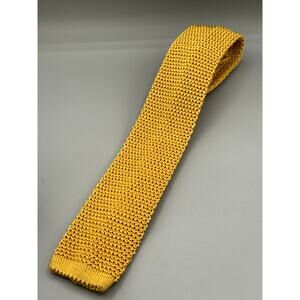 Lands End Pure Silk Yellow Square End Knit Woven Macrame Mens Skinny Tie